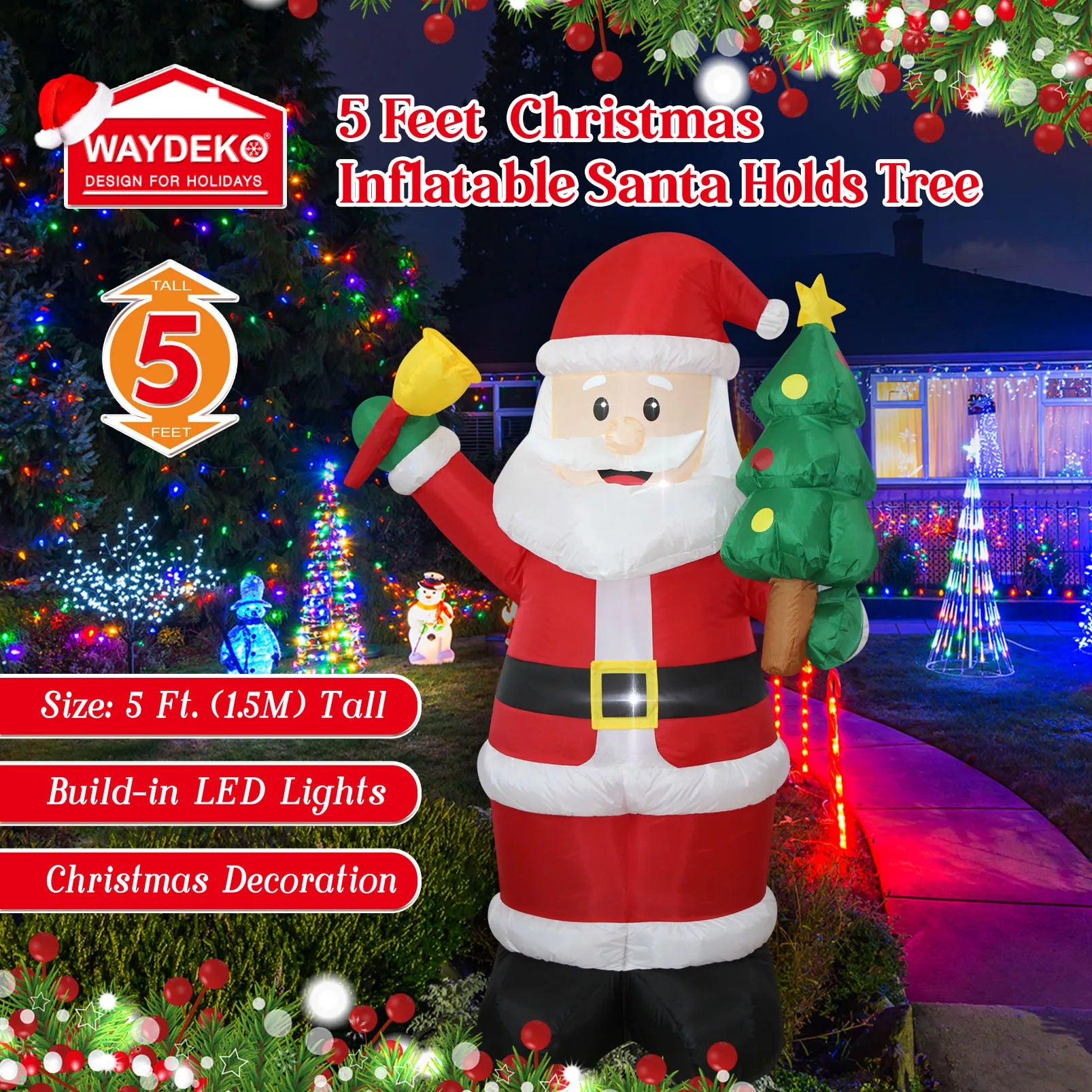 1.5m Christmas Inflatable Santa with Tree LED Lighted Blow Up Outdoor Yard Lawn Decoration for Home Garden Winter Holiday Party