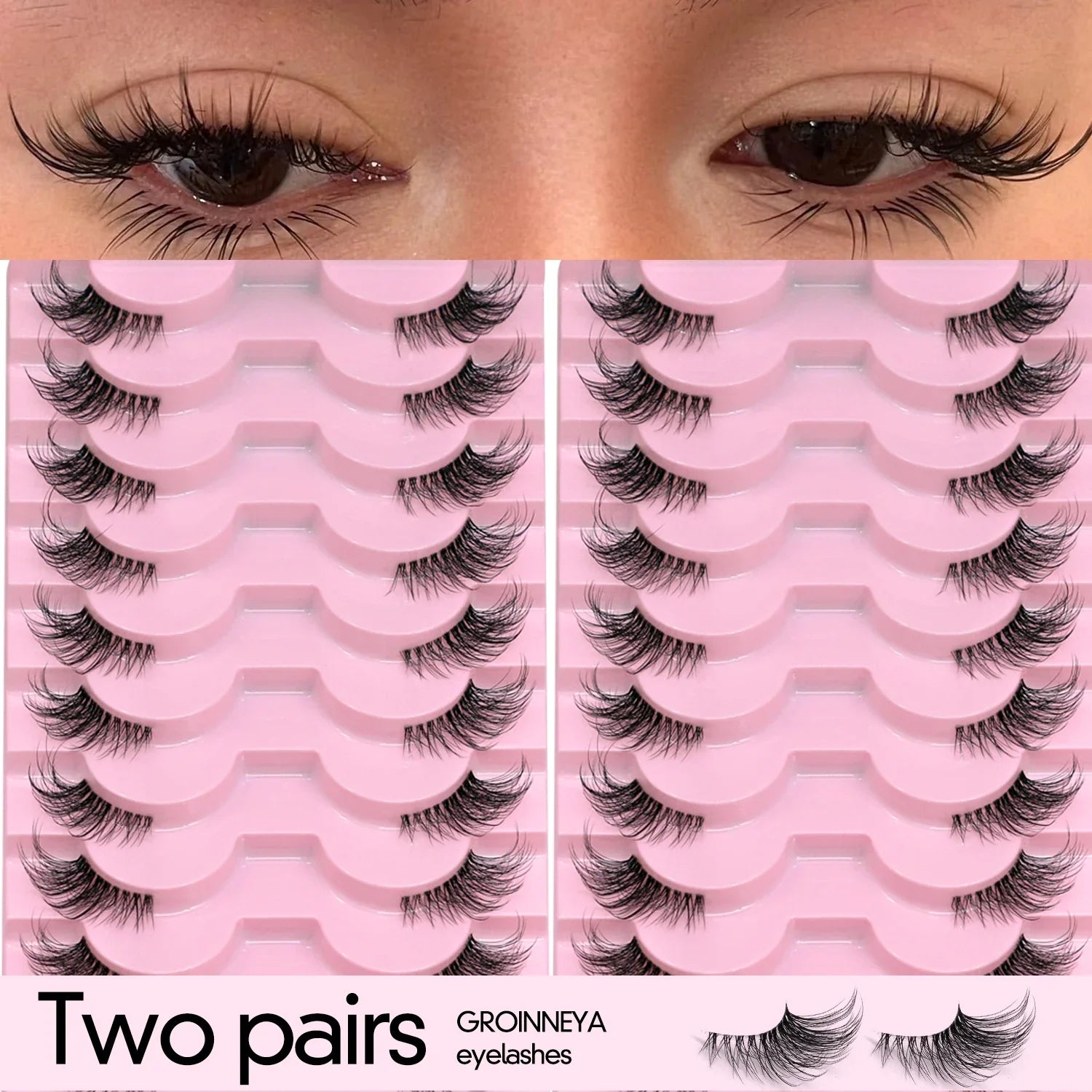 GROINNEYA Two Boxs Half Eyelashes Natural Fluffy Cat Eye Lashes Soft Wispy Faux Mink Lashes Winged End Eye Elongated Eyelashes