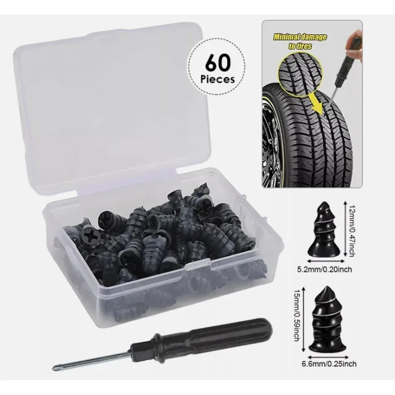 60pcs Tire Repair Kit with Screwdriver Storage Box DIY Flat Tire Repair Car Truck Motorcycle Home Bike Plug Patch Rubber Nails