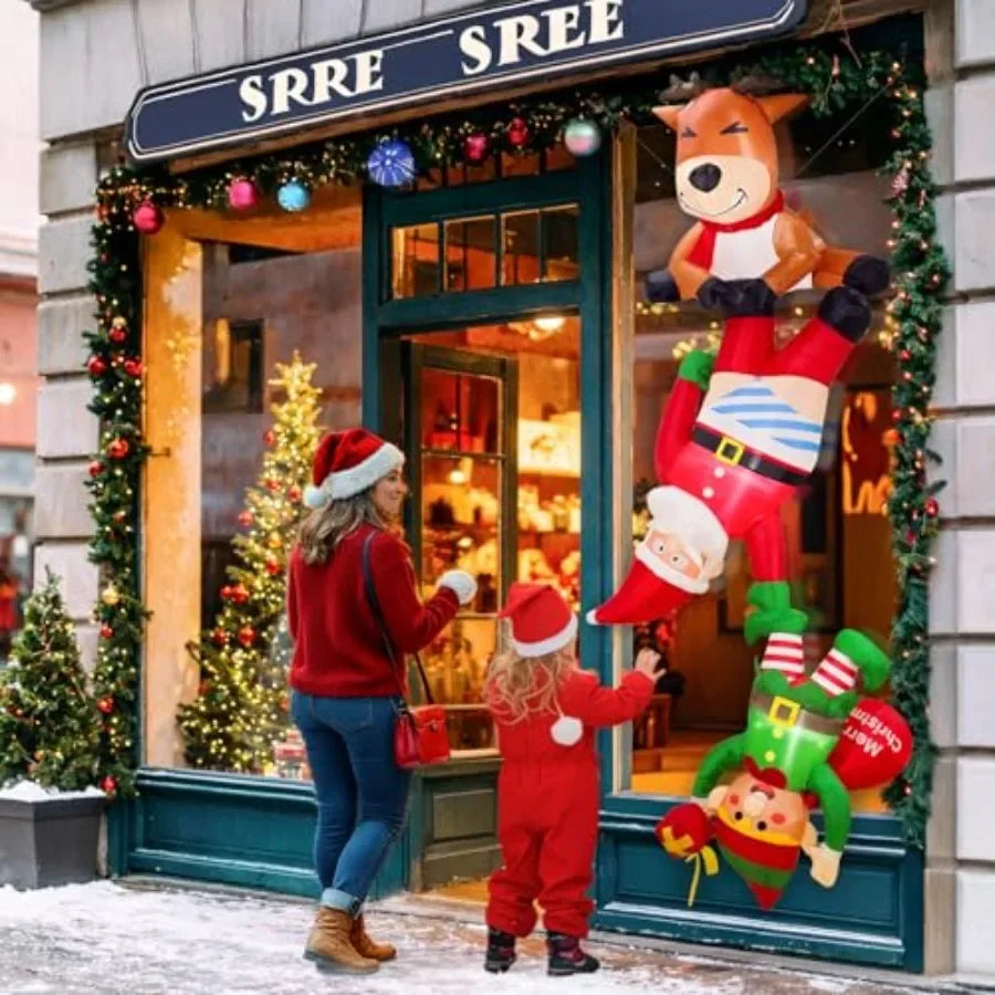 8 FT Inflatable Christmas Decorations Outdoor Funny Christmas Inflatables Reindeer Pulling Climbing Santa and Falling Elf Chris