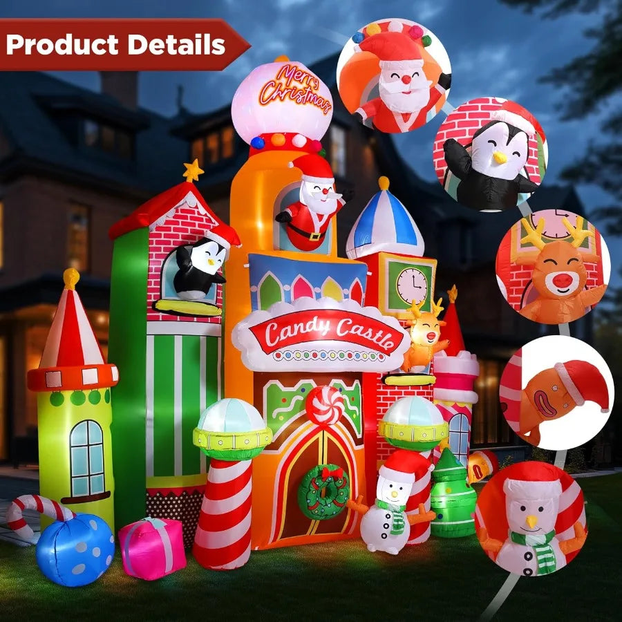 13.5 FT Tall Candy Castle Christmas Inflatables Outdoor Decorations Blow Up Christmas Decorations with Built-in Rotating Light