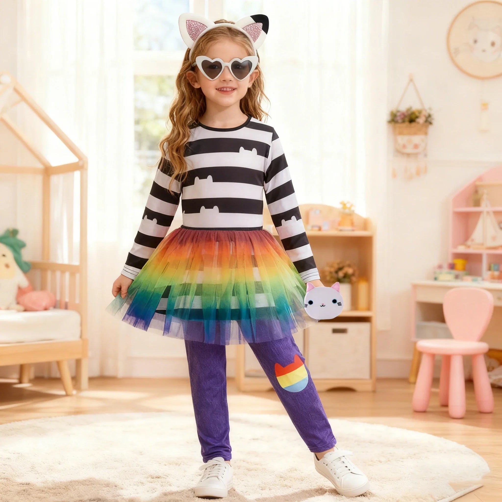 Spring Autumn Children's Clothes Set Gabby Long Sleeved Rainbow Mesh Skirt +pants Set Dollhouse Cat Girl's Tutu Two-Piece Sets