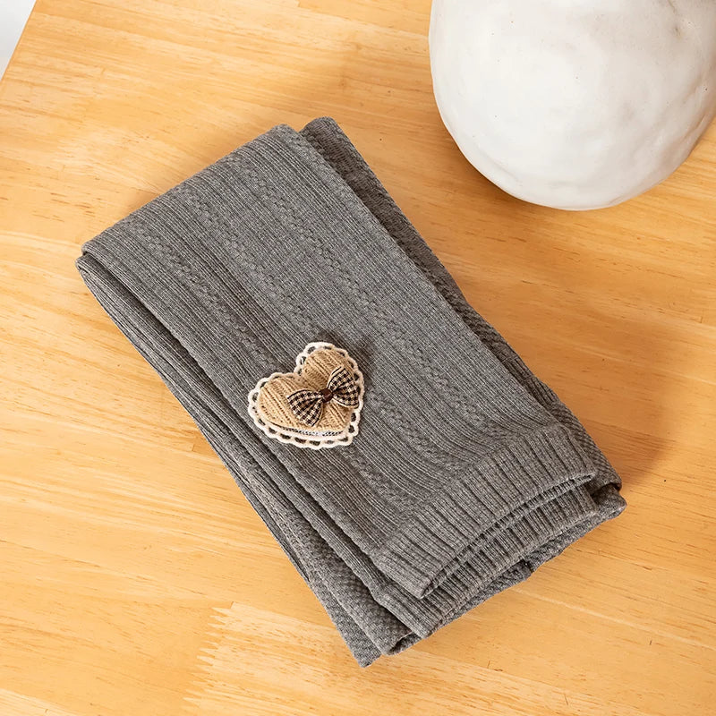 Princess Girl Wavy Cable Knit Cropped Pants With Side Love Bow Heart Lace Trim Tight Soft Comfortable Student Baby Kids Leggings