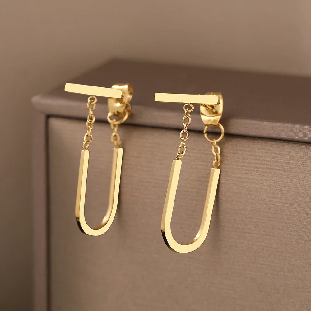 Stainless Steel Earrings Simple Geometric Stick Gothic Hip Hop Stereo U-shaped Tassel Pendant Earrings For Women Jewelry Gifts