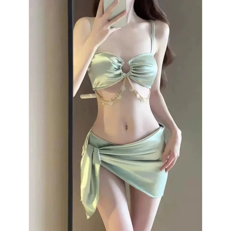 Light Green 3 Piece Swimsuit for Women,2024 New Solid Color Chain Bikini Set,summer Beach Vacation Skirt Swimwear Bathing Suit