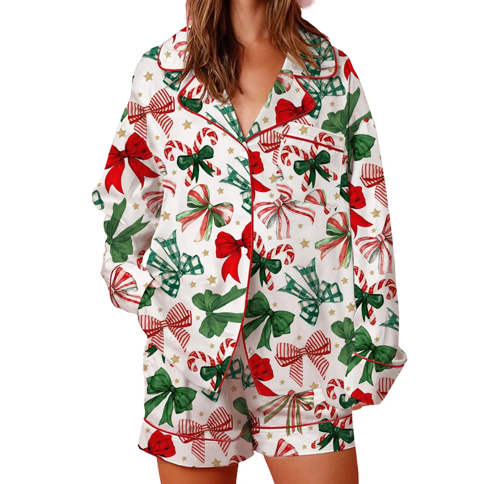 Women s Festive Holiday Pajama Set with Long Sleeve Lapel Shirt and Wide Leg Shorts in Christmas Print Sleepwear Collection