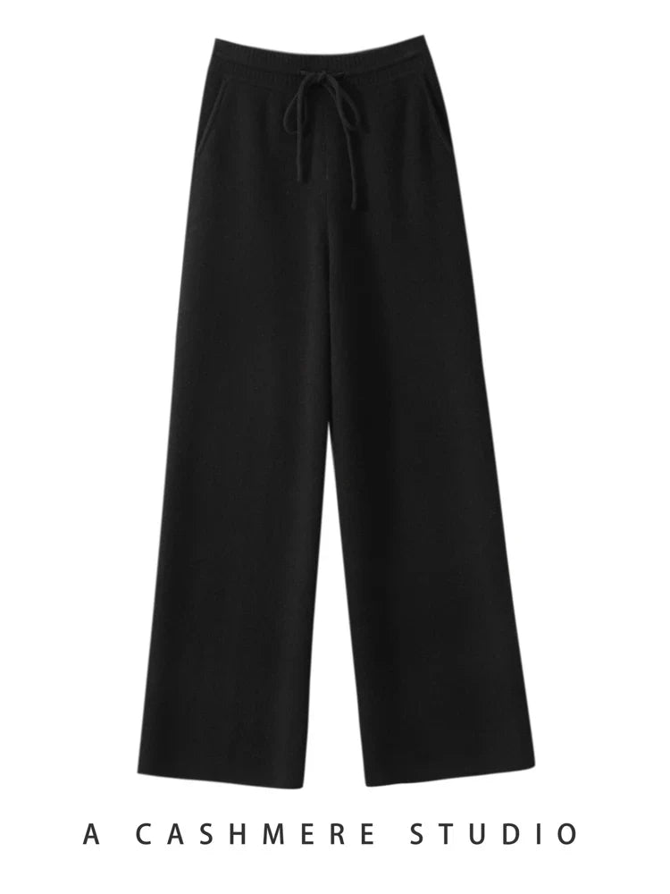 100% Cashmere High Waist Wide Leg Pants For Women Winter Thick Warm Solid Trousers Belt Casual Basic Pants Korean Popular Tops