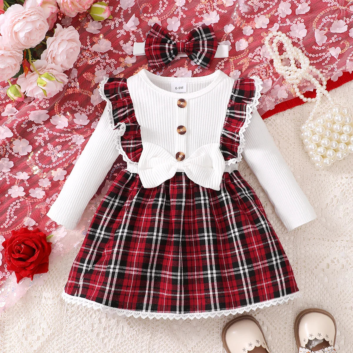 Baby girl's new fashionable plaid patchwork groove lace design bow dress and headband