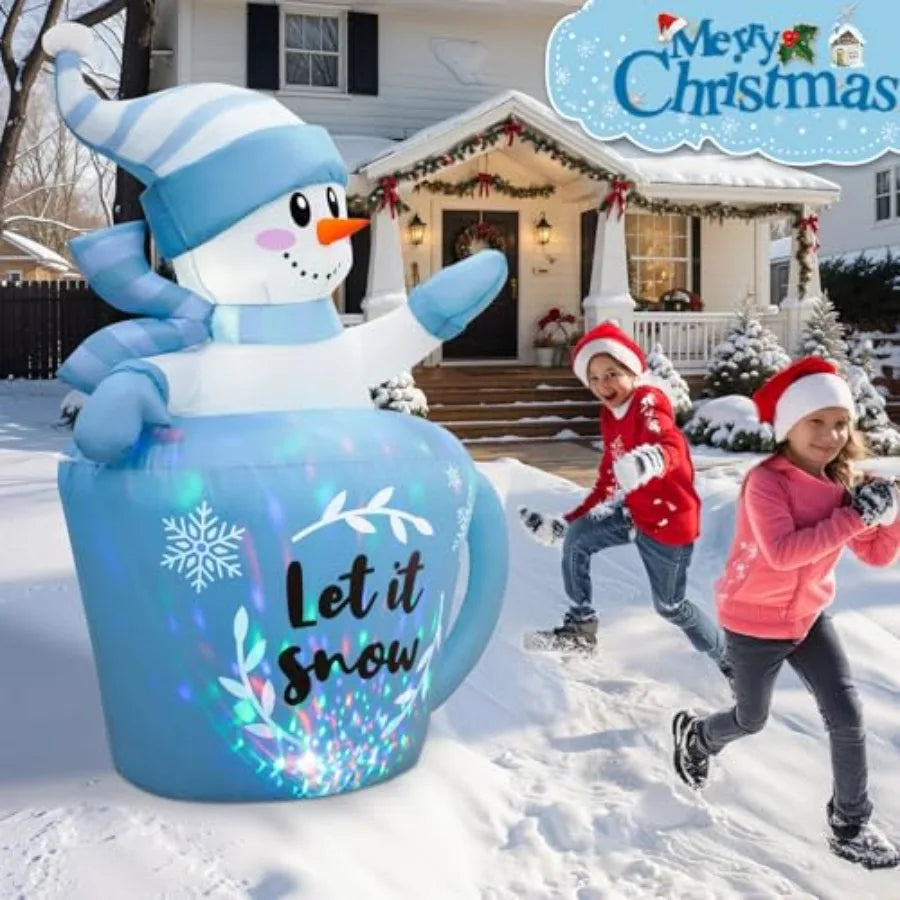 5FT Christmas Inflatable Snowman in Mug Adorable Blue Snowman Blow Up Awaiting the Snow Outdoor Winter Yard Lawn Decorations wi