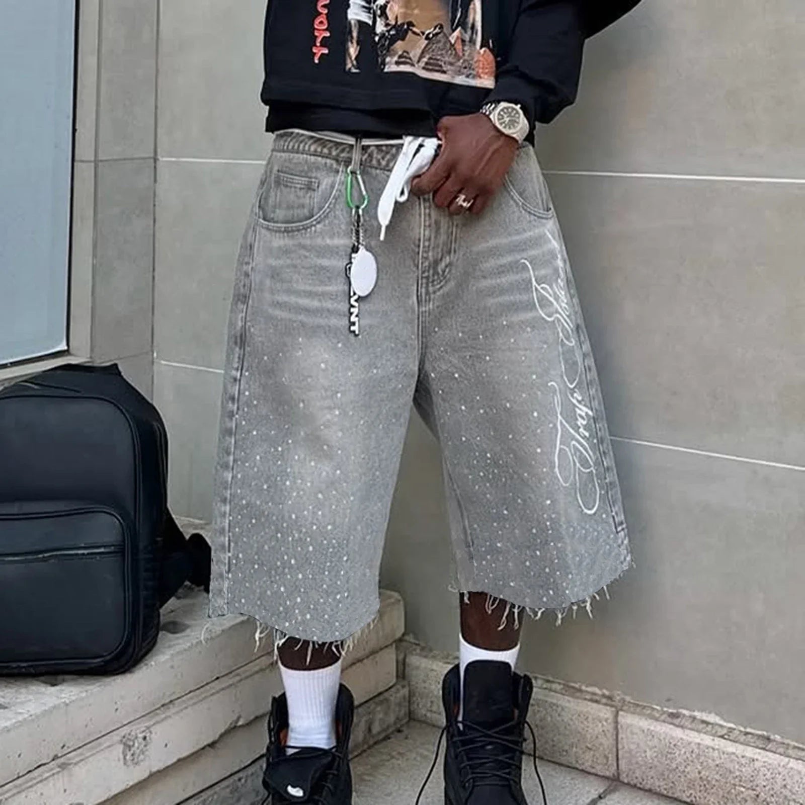 Men's Summer Casual Denim Shorts Knee Length Trendy Letter Embroidered Rhinestone Jeans Shorts Fashion Streetwear