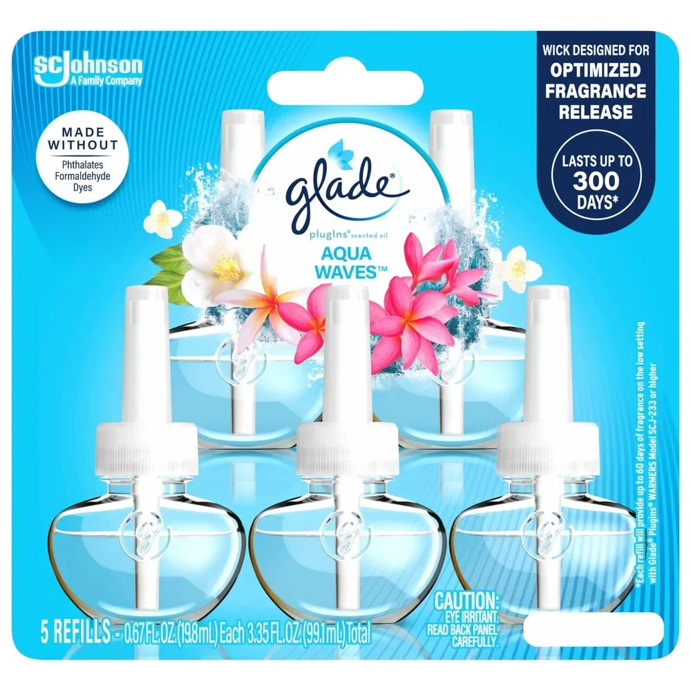 Essential Oil PlugIn Air Freshener 5 Refills Aqua Waves Scent Liquid Wall Diffuser Ocean Freshness 60 Days Fragrance