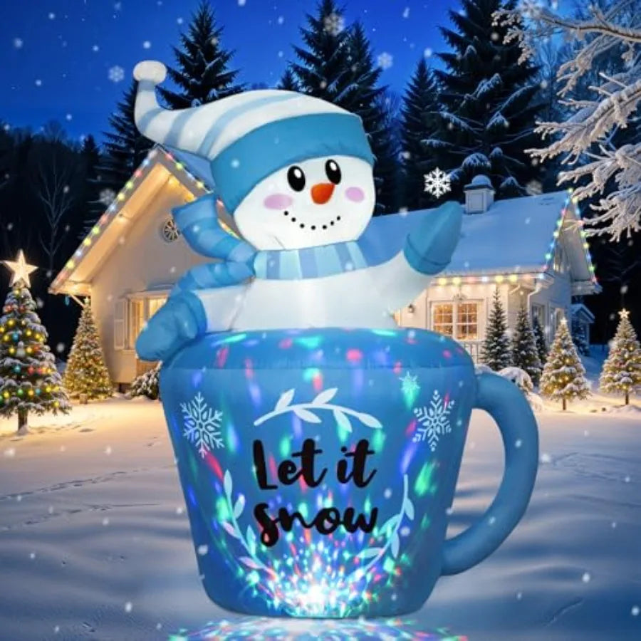 5FT Christmas Inflatable Snowman in Mug Adorable Blue Snowman Blow Up Awaiting the Snow Outdoor Winter Yard Lawn Decorations wi