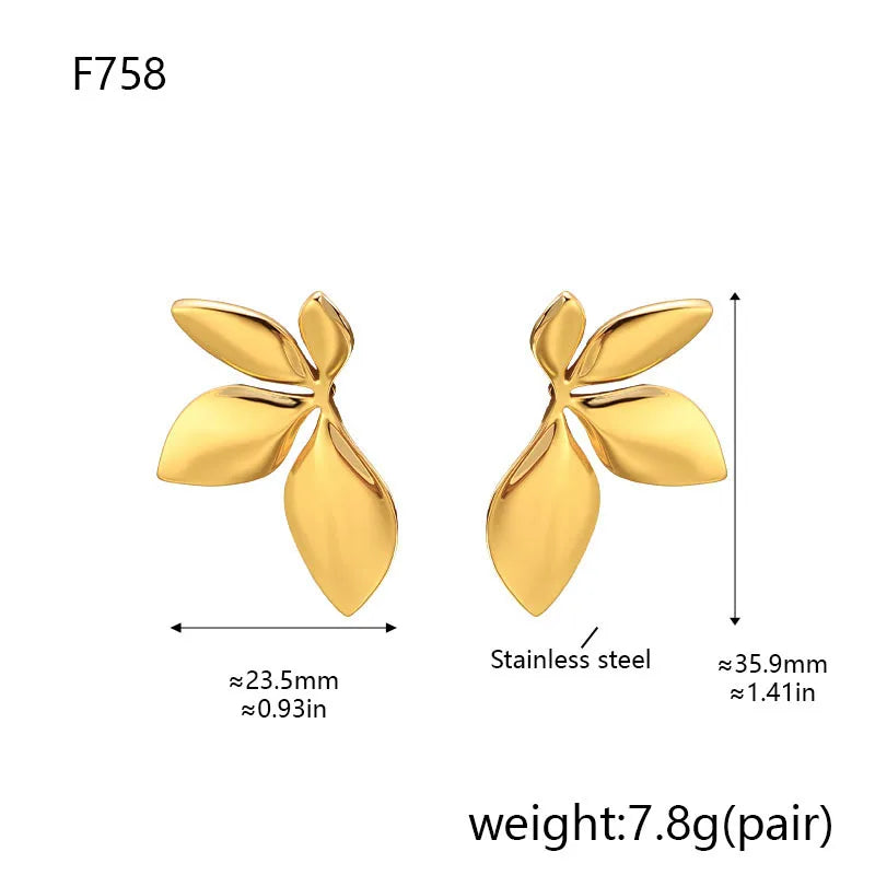 Fashion Temperament Stainless Steel Gold Color Shiny Surface Flower Petals Leaves Stud Earrings for Women Jewelry Accessory Gift