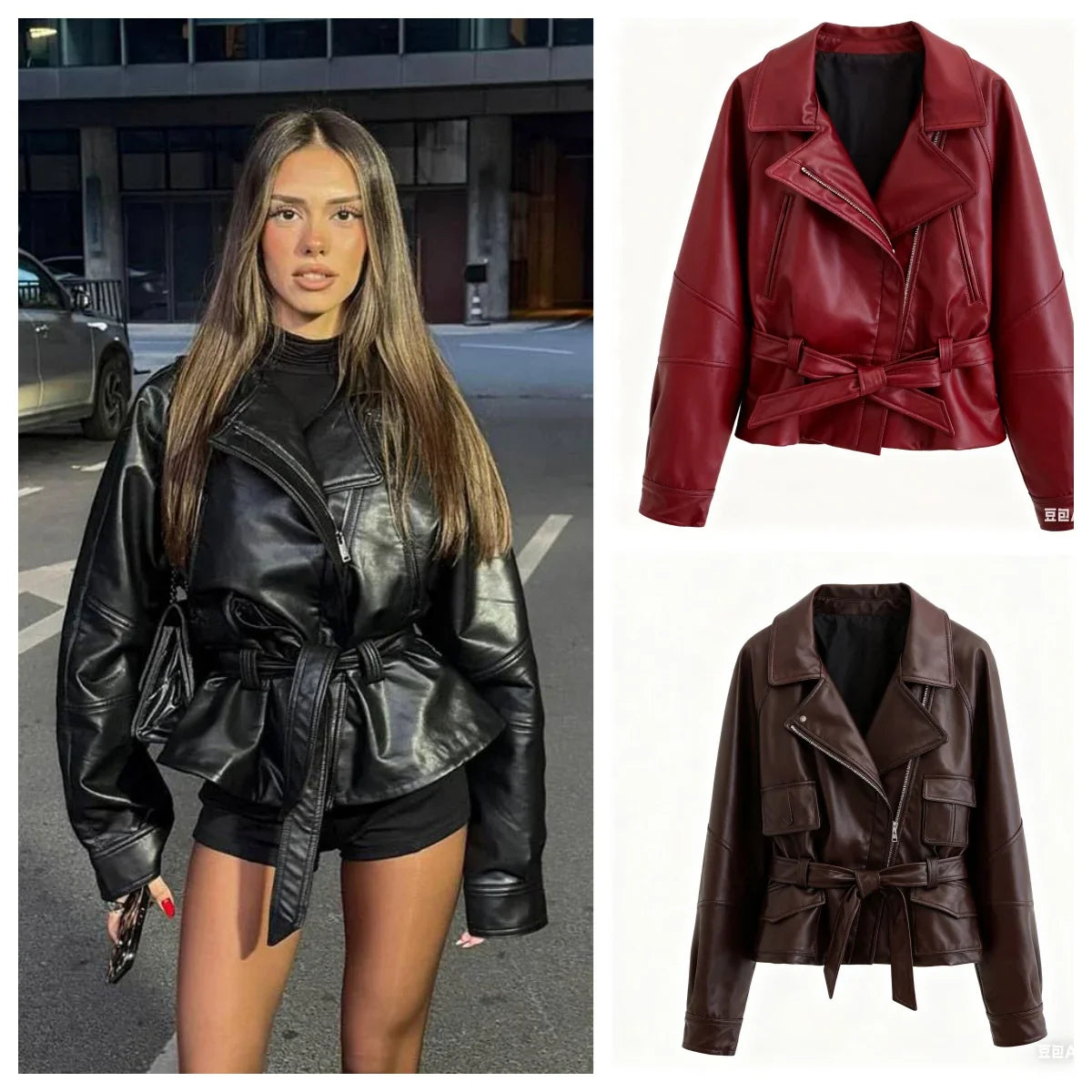 HH Women Vintage Motorcycle Jacket With Belt Faux Leather Trench Coat Long Sleeve Lapel Zipper Jacket Autumn High Street Outwear