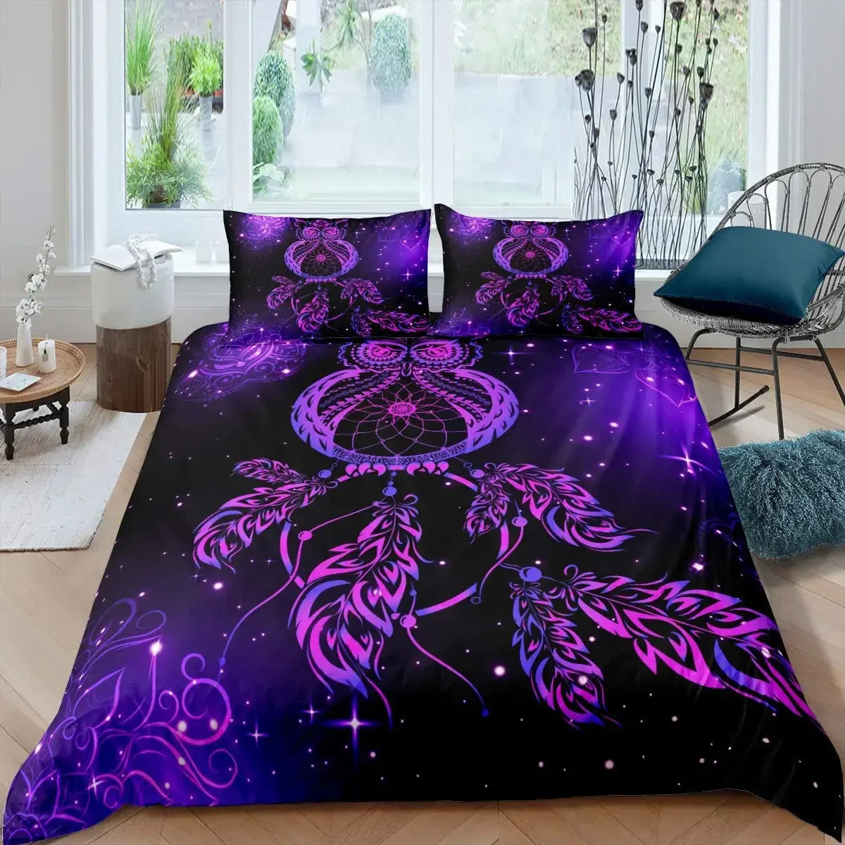 Dream Catcher Duvet Cover Set Purple Bedding Set Chic Boho Mandala Floral Feather Design Galaxy Comforter Cover Set Queen Size