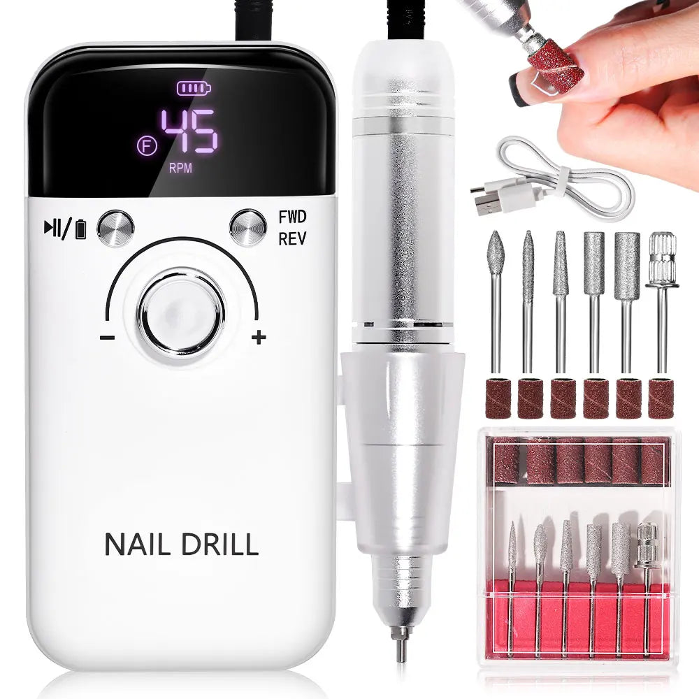 Nail Drill 45000 RPM Rechargeable Nails Electric File for Acrylic Gel Removing & Polishing Gel for Home/Salon Manicure Pedicure