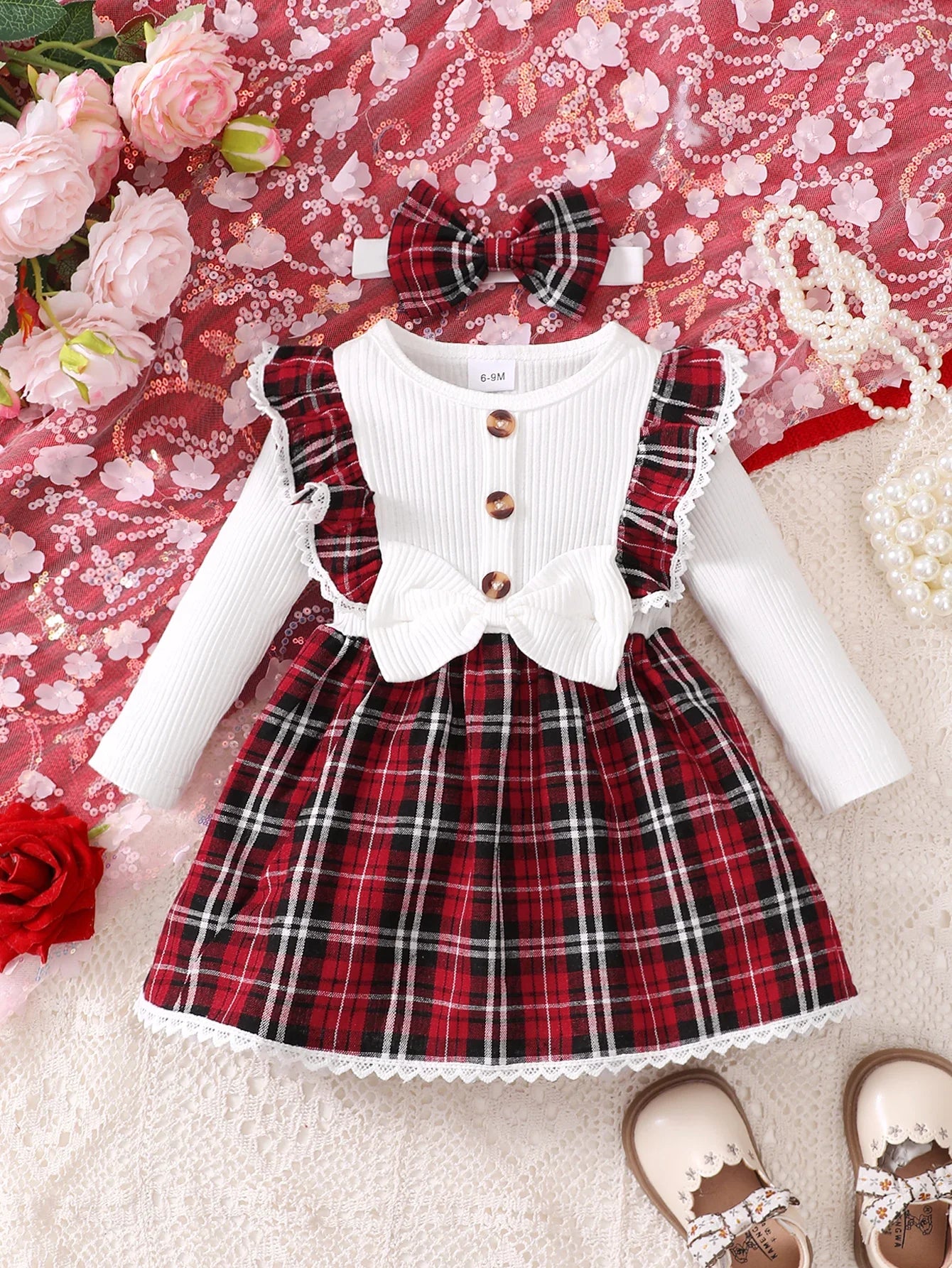 Baby girl's new fashionable plaid patchwork groove lace design bow dress and headband