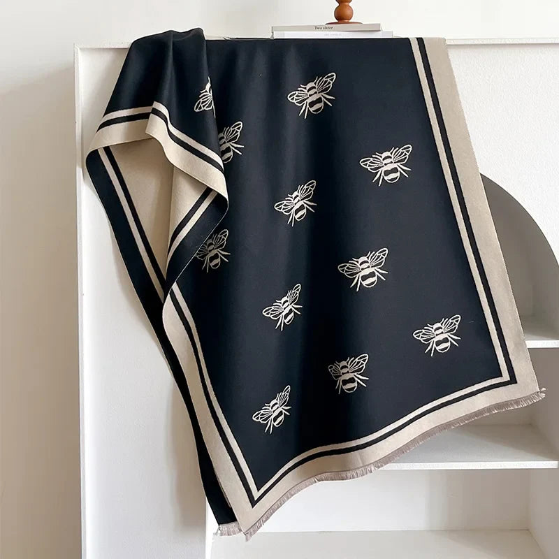 Luxury Brand Two-Sided Bees Scarf Imitation Cashmere Soft Warm Fringe Pashmina Shawl Winter Coldproof Windproof Blanket Scarf