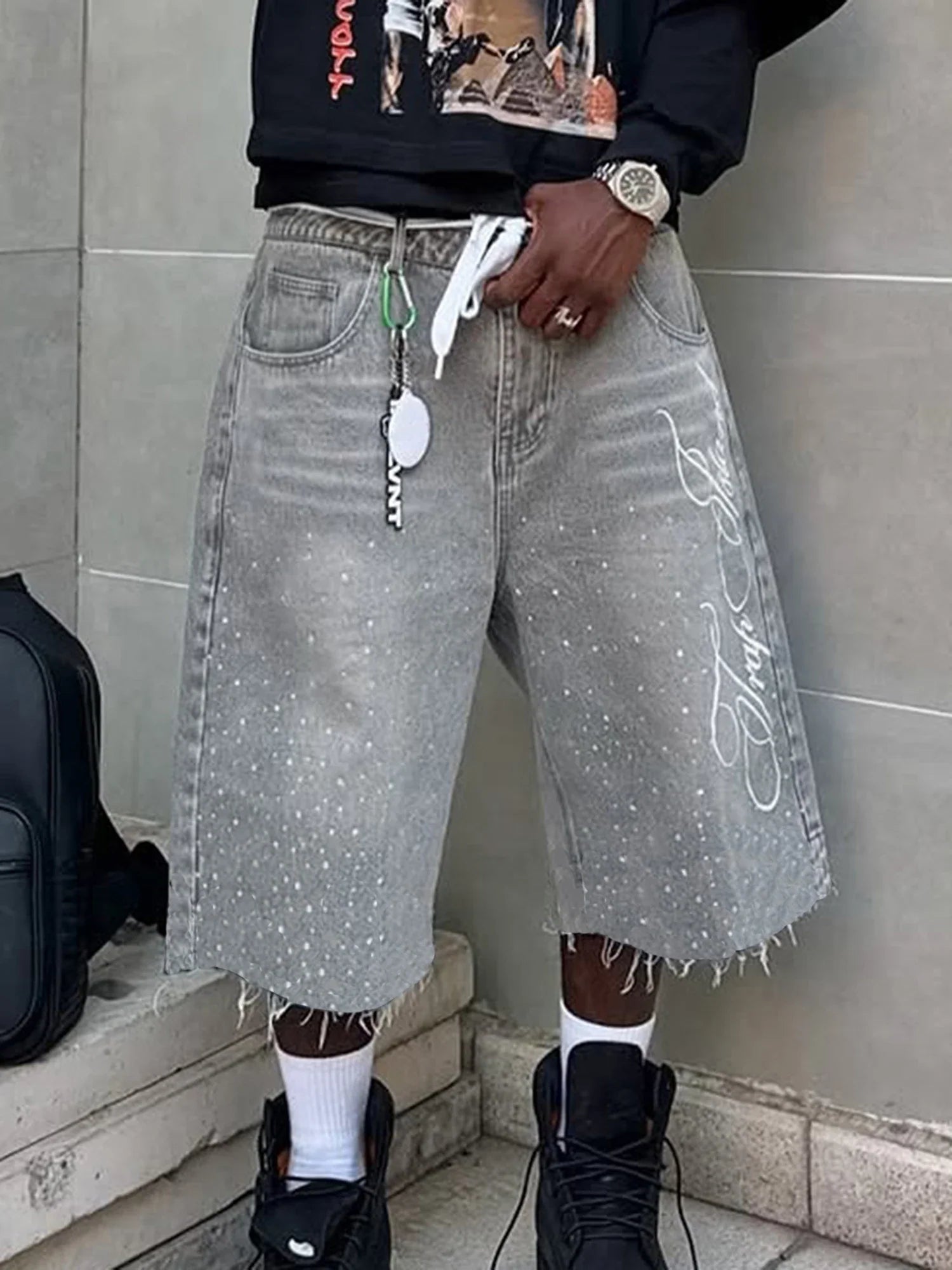 Men s Stylish Knee-Length Denim Shorts with Embroidered Logo and Rhinestone Detailing for Summer Casual Wear